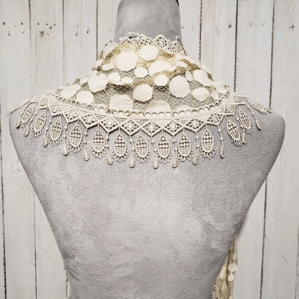 Women's Scarf Cream Beige Fringe Sheer Mesh Lace Cottage Boho Coastal Coquette - Picture 7 of 7
